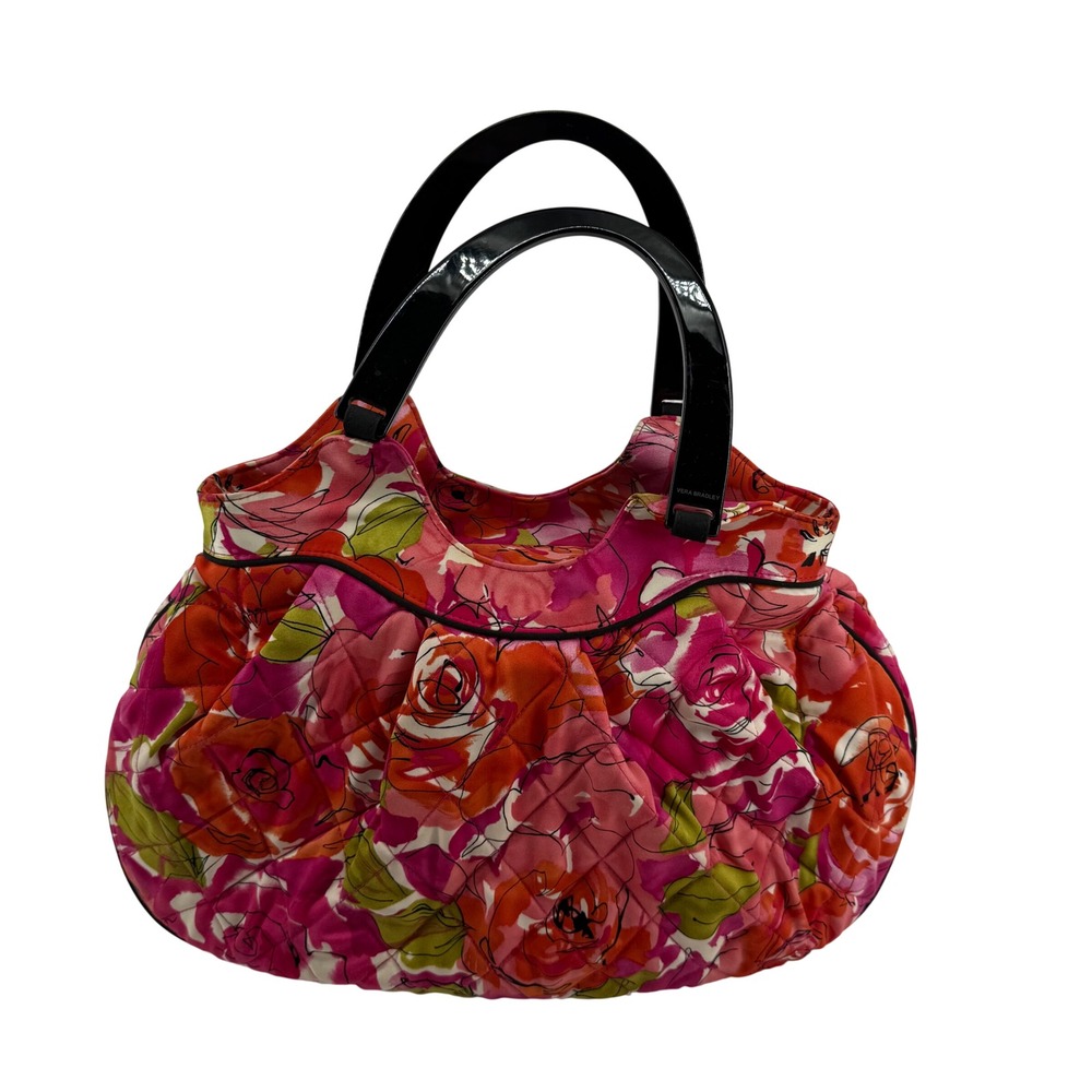 Vera Bradley Camellia Floral Quilted Cotton Satchel Handbag Black Acrylic Handle